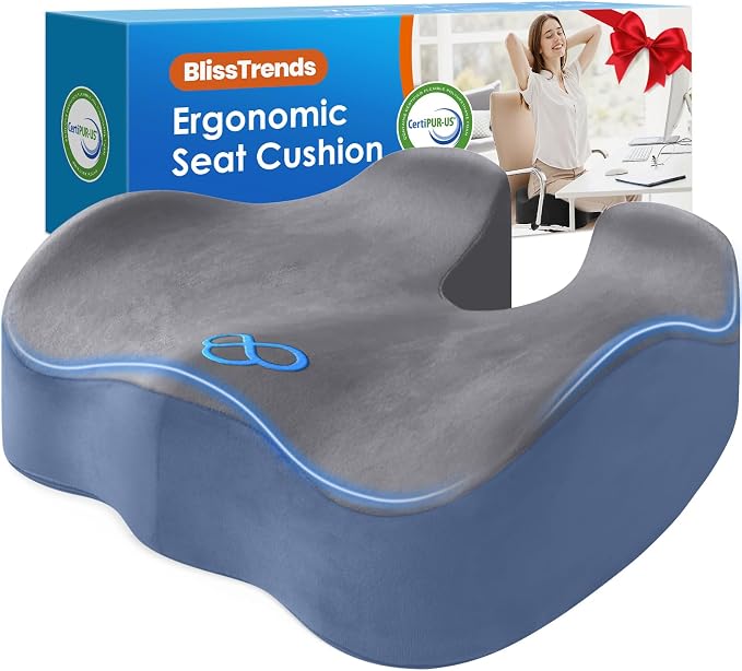 BlissTrends Seat Cushion,5.2in Thick Memory Foam Cushions for Office Chair, Car Seat, Airplane, Relieving Pressure Tailbone Sciatica Back Pain for Long Sitting Office Workers, Car Drivers Gery&Blue