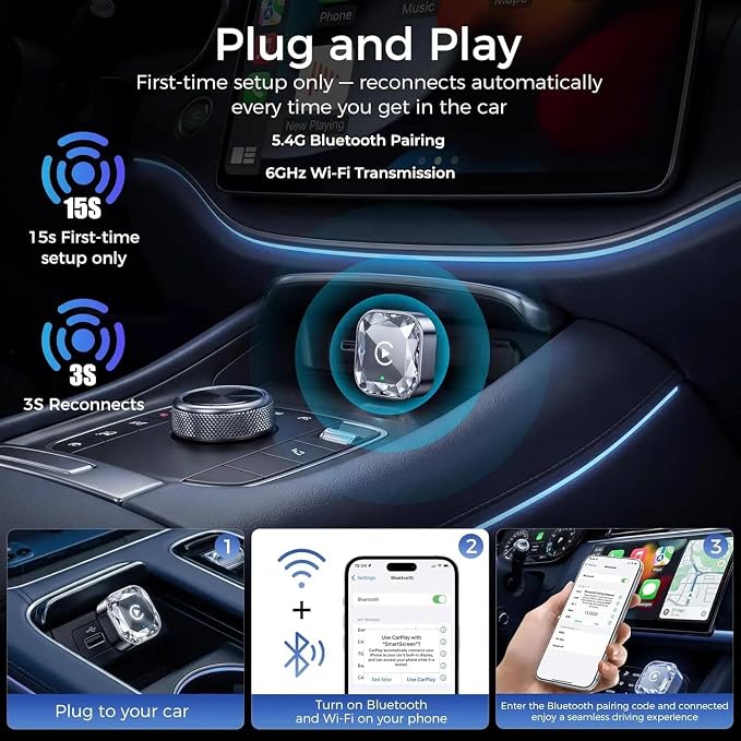 2026 2in1 Wireless CarPlay& Android Auto Adapter for iPhone& Android, Plug in Once Go Wireless Forever. Plug & Play CarPlay Dongle, Fast Auto-Connect, No Delay, USB A/USB-C Port