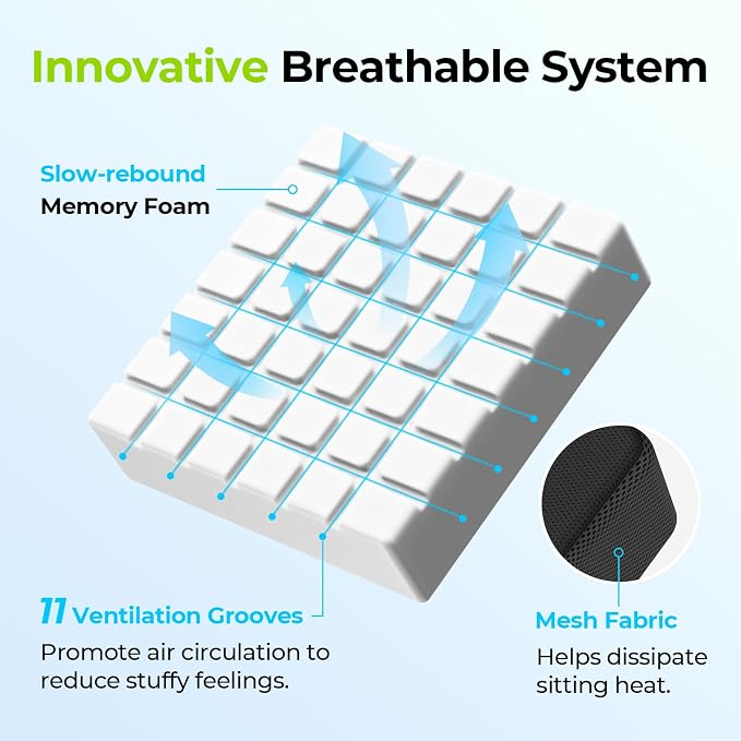 AUVON Cooling Gel Seat Cushion for Long Sitting without Stuffiness, Memory Foam Wheelchair Seat Cushion for Back & Sciatica Relief, Breathable Chair Cushion with Strap for Car, Office, Home, Anti-Slip