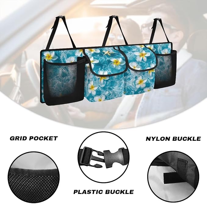 Tropical Florals Car Trunk Organizer Backseat Hanging Storage Bag with 4 Pockets & 3 Adjustable Straps Large Capacity Backseat Hanging Storage Accessories for Most Cars