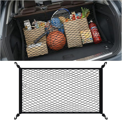 Car Cargo Net, 27.56" x 19.69" Elastic Stretchable Adjustable Vehicle Trunk Mesh Nets with Hook, Automotive Cargo Netting Storage Organizer, Universal for SUV Motorhome Lorry