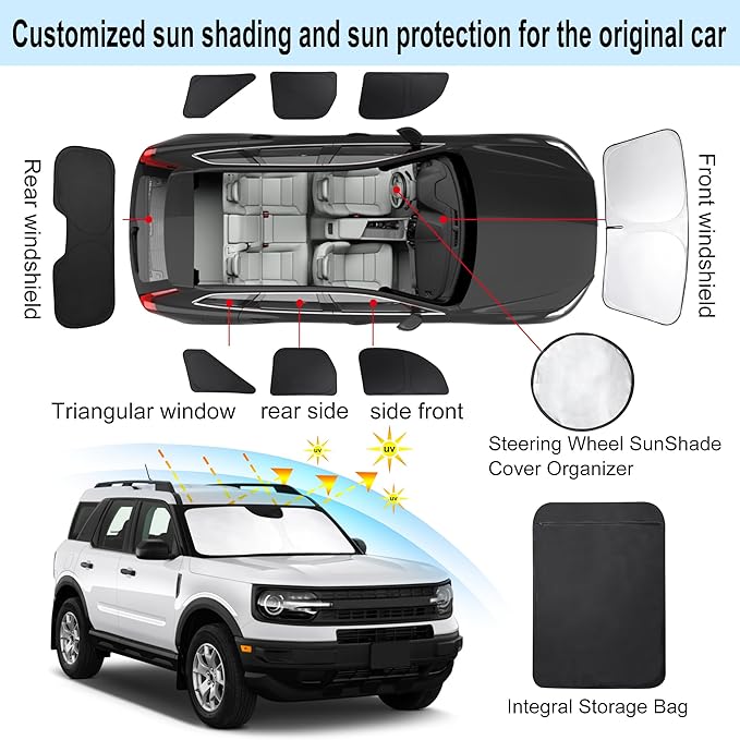 TINGLU Window Shades for Ford Bronco Sport 2021-2025 2026 Accessorie Car Side Full Windows Rear Triangular Windshield Sun Shade Sun UV Rays & Privacy Protection for Camping,Napping,and Relaxing 8PCS