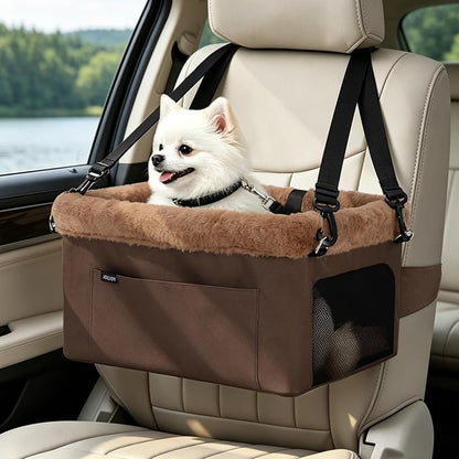 JOEJOY Deluxe Dog Booster Seat with Sturdy Metal Frame and Safety Leash for Small Pets up to 20 lbs - Portable Puppy Dog Car Seat with Thick Cushion and Storage Pockets for Small Dogs, Brown