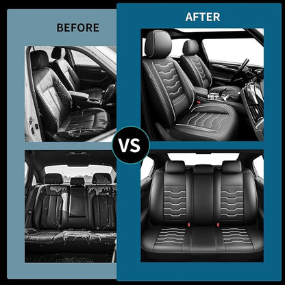 Fit Patriot Car Seat Covers for Jeep Patriot 5 Seats 2007-2016 2017 -Premium Leather,Waterproof & Breathable，All-Weather Seat Cushion Protecto & Airbag Compatible, 2 Front Seat White Line Black