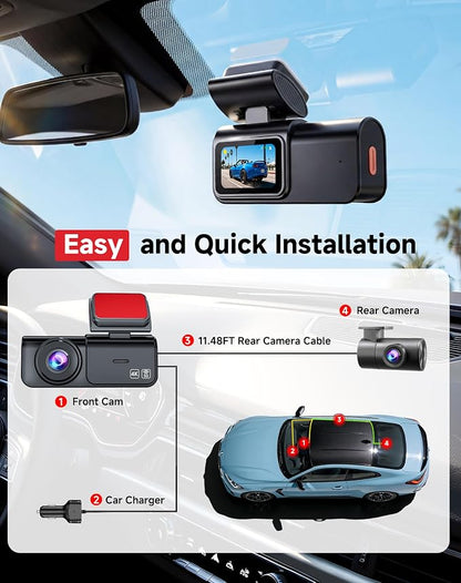 AXB Dash Cam Front and Rear: 4K+2.5K Dashcam with 5G WiFi APP Control & 64GB Card - Dual Dash Camera for Cars with 24H Parking Mode Night Vision Loop Recording Emergency Lock (V3)