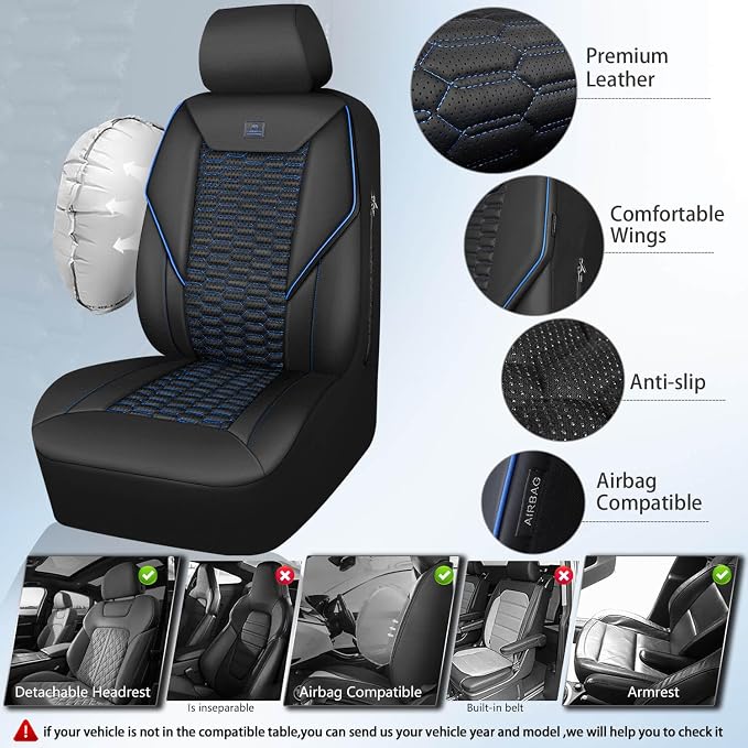 CAR PASS 3D Foam PU Leather Car Seat Covers Full Set,Luxury Breathable Faux Leather Seat Covers for Car,Anti Slip Universal Fit for SUVs Vans Sedan Truck Auto,Armrest Airbag Compatible,Black and Blue