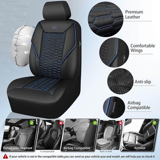 CAR PASS 3D Foam PU Leather Car Seat Covers Front Seats, Blue Faux Leather Front Seat Covers for Car, Universal Fit for SUV Truck Sedan Automotive, Armrest Airbag Compatible,Black and Blue