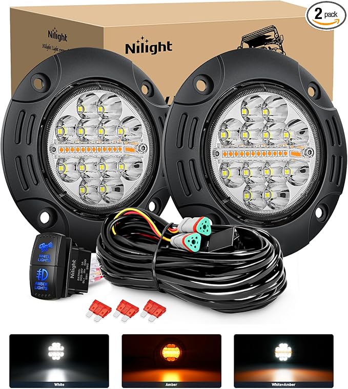 Nilight Flush Mount LED Light Pods 2PCS 5 Inch 36W Amber White 3 Lighting Modes Fog Lights Spot Flood Beam with Dual Control 18AWG Wiring Harness for Truck Pickup Golf Cart UTV ATV SUV Boat 4x4 Car