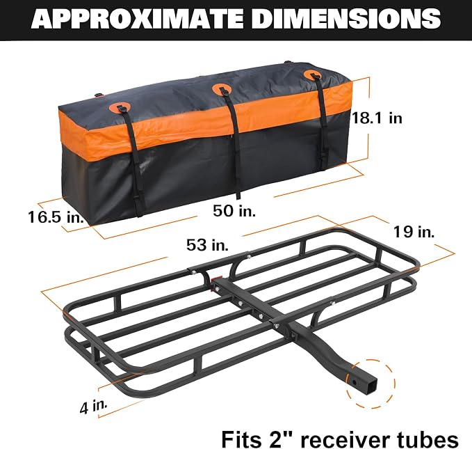 WEIZE Hitch Mount Cargo Carrier Basket 53" X 19" + Waterproof Cargo Bag, Hauling Weight Capacity of 500 Lbs fit on 2 Inch Receiver, with Hitch Stabilizer, Net and Straps