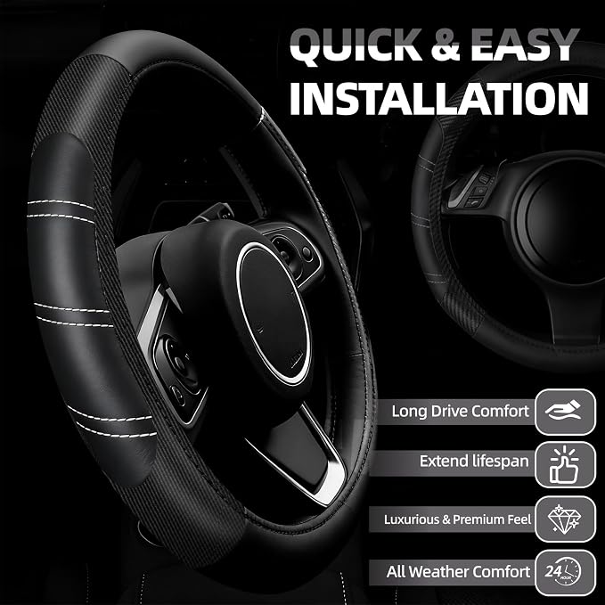 NBTEPEM 6 Pcs Black Car Accessories Set, Sport Leather Steering Wheel Cover 14.5-15inch Universal, Car Center Console Cover, Seat Belt Cushion, Cup Holder Coaster (Black Carbon Fiber)