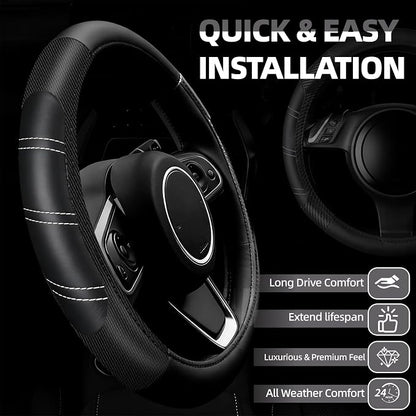 NBTEPEM 6 Pcs Black Car Accessories Set, Sport Leather Steering Wheel Cover 14.5-15inch Universal, Car Center Console Cover, Seat Belt Cushion, Cup Holder Coaster (Black Carbon Fiber)