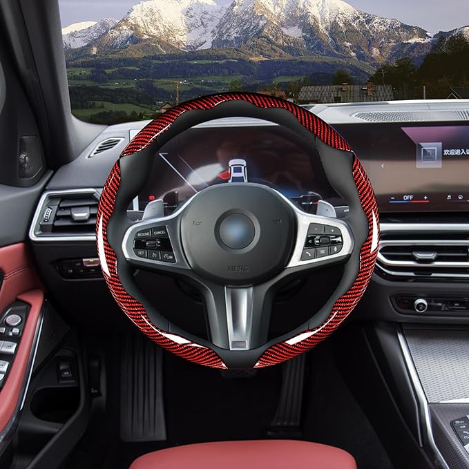 Car Steering Wheel Cover Set Bright Carbon Fiber Wrap Non-Slip 3pcs Steering Wheel Accessories 14.5-15 inch Universal (Red)