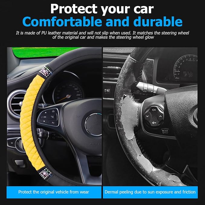 Osilly Bling Car Steering Wheel Cover, 15 Inch Rhinestones Soft Leather Elastic Steering Wheel Protector, Sparkly Crystal Diamond for Women Girls (Yellow)