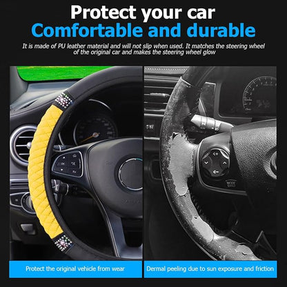Osilly Bling Car Steering Wheel Cover, 15 Inch Rhinestones Soft Leather Elastic Steering Wheel Protector, Sparkly Crystal Diamond for Women Girls (Yellow)