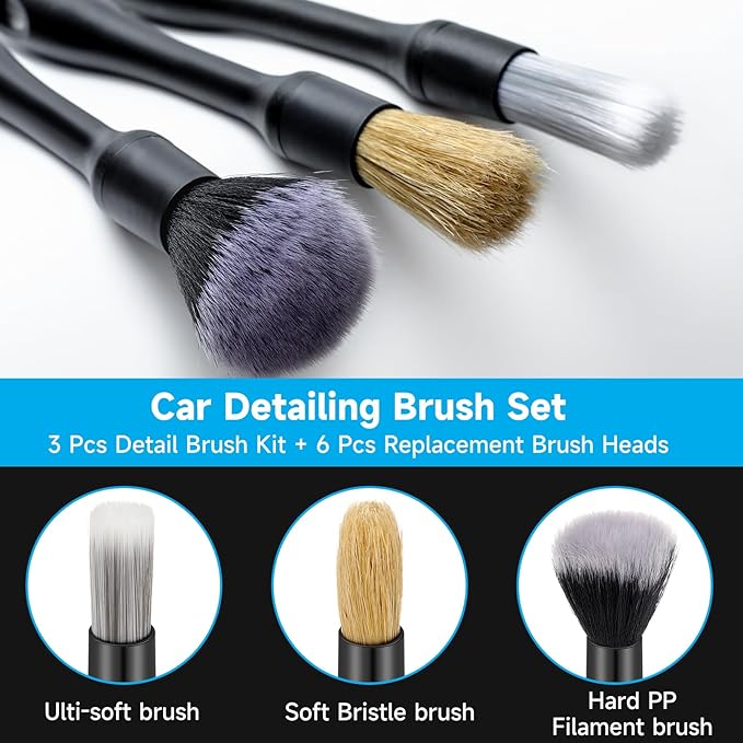 9 Pcs Car Detailing Brush Set No Scratch for Clean Interior or Exterior, Dashboard, Air Vent, Leather Seats, Emblems, Tires, Engine Bay (6 PCS Replacement Brush Head)