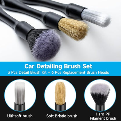 9 Pcs Car Detailing Brush Set No Scratch for Clean Interior or Exterior, Dashboard, Air Vent, Leather Seats, Emblems, Tires, Engine Bay (6 PCS Replacement Brush Head)