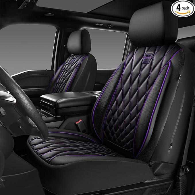 CAR PASS Piping Luxury Faux Leather Two Front Car Seat Covers, Waterproof Anti Slip Premium Automotive Seat Covers,Universal Fit for Suvs,Vans,Trucks, Armrest Airbag Compatible (Black and Purple)