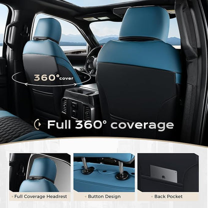 Coverado Waterproof Faux Leather Seat Covers Full Set for Ford F150 2015-2026 SuperCrew & F250 F350 F450 2017-2026 Crew Cab, Compatible with XL XLT Lariat King Ranch, Blue Interior Truck Accessories
