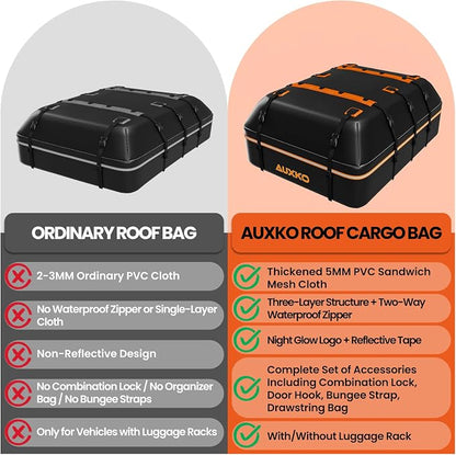 AUXKO 22 Cubic Ft Waterproof Rooftop Cargo Carrier Bag for All Vehicles with/Without Roof Rack, Soft Shell Car Roof Bag with Reflective Strip Includes Anti-Slip Mat, 6 Door Hooks & Combination Lock
