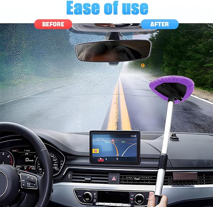 Windshield Cleaning Tool, Car Window Cleaner with Extendable Long Handle and 4 Washable Reusable Microfiber Pads, Auto Interior Exterior Glass Wiper Cleaning Kit Universal for Office and Home (Pueple)