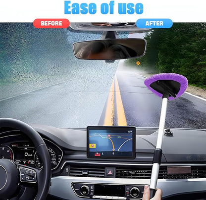 Windshield Cleaning Tool, Car Window Cleaner with Extendable Long Handle and 4 Washable Reusable Microfiber Pads, Auto Interior Exterior Glass Wiper Cleaning Kit Universal for Office and Home (Pueple)