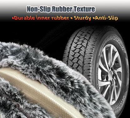 Fuzzy Steering Wheel Cover, Cute Fluffy Car Wheel Cover Women Bear Panda Ears 14.5" 15inch, Soft Warm Furry Plush Wool Fur Wheel Protector & Handbrake & Gear Shift Cover Set, Winter Warmer hands, Grey