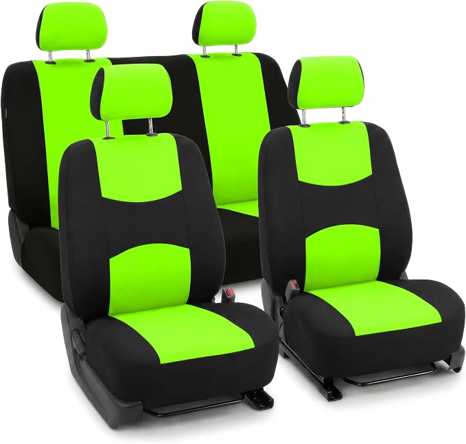 FH Group Bright Flat Cloth Full Set Automotive Seat Covers Front Set and Rear Solid Bench Green Black Seat Covers w. Gift Universal Fit Interior Accessories for Cars Trucks and SUVs