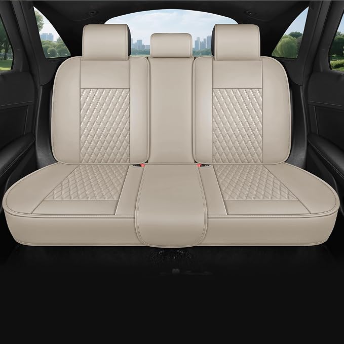 Beige Leather Car Seat Covers Full Set,High-Density Contoured Nappa Leather Universal Precision Fit Automotive Seat Covers,Waterproof Car Seat Protector,forros para asientos de carro,Style1 Beige