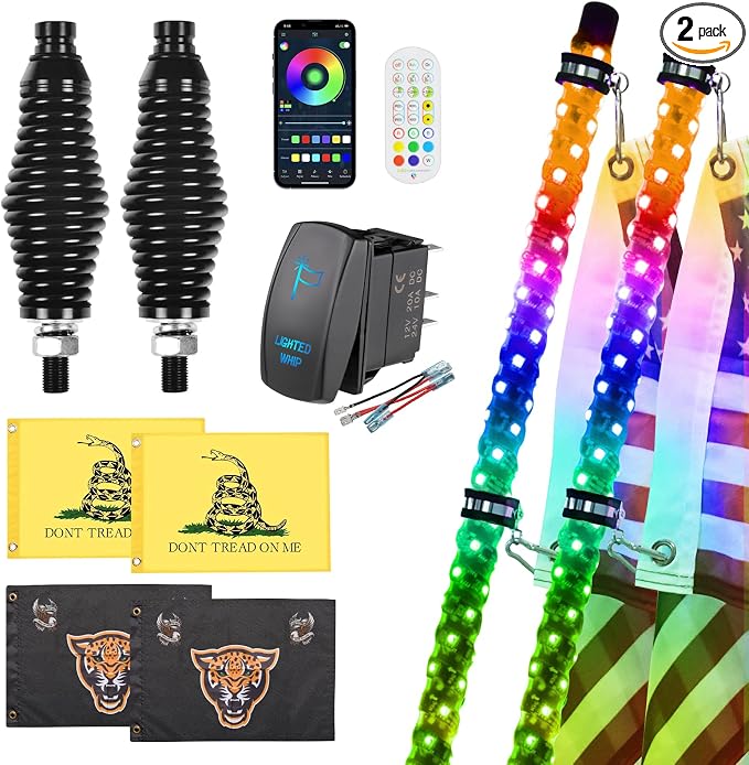 Ehaho 2 Pack 6FT Whip Lights with Spring Base,LED Whip Light with App & Remote Control,Spiral RGB Chasing Lighted Whips with Rocker Switch,Music Whip Light for UTV ATV Polaris RZR Can-Am SXS Truck