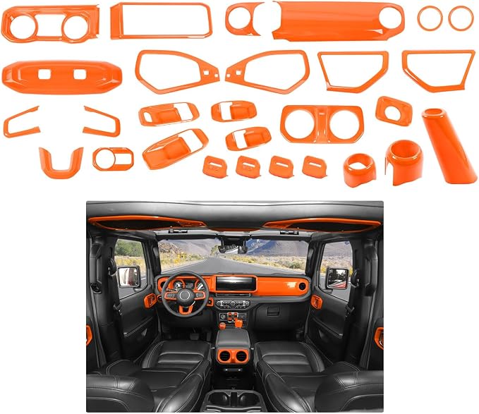 JWWY Interior Trim Kit Dress-Up Kit Decor Set Center Console Gear Shift Dashboard Panel,Door Window Switch Knob Speaker Cover Trim for 2024–2026 Jeep Wrangler JL JLU & Gladiator JT Oranger 28pcs