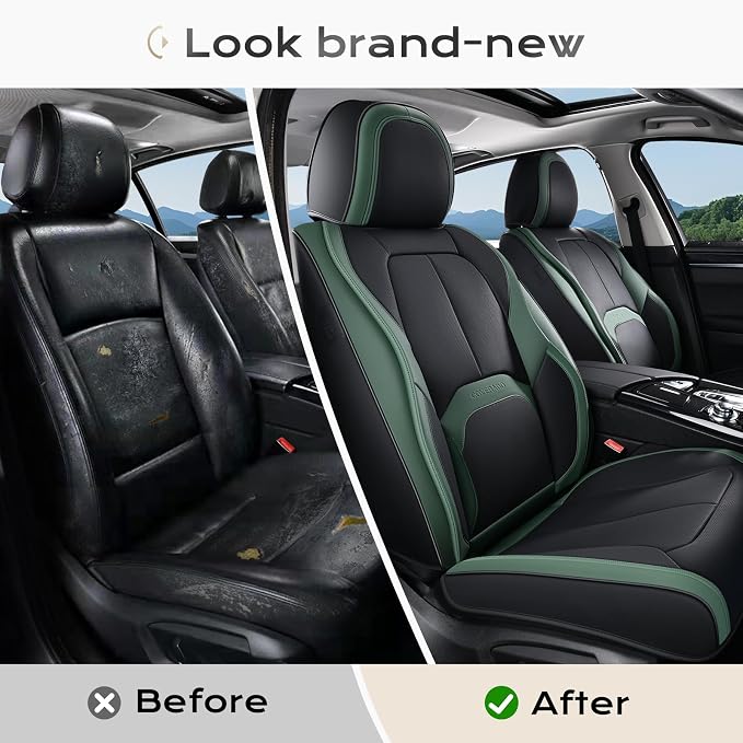Coverado Automotive Seat Covers Front Seats, Leather Seat Covers 2 Pack, Black Green Car Seat Cover, Waterproof Car Seat Protector with Lumbar Support, Front Seat Covers Universal Fit for Most Cars