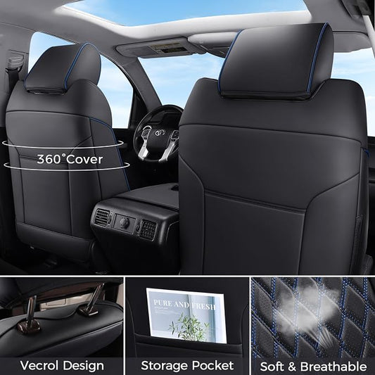 Huidasource Dodge Ram Seat Covers Full Set, Full Coverage Waterproof Leather Pickup Truck Seat Cushion Protector Fit for 2009-2018 1500, 2010-2025 2500/3500 Crew Mega Cab(Full Set/Black&Blue)