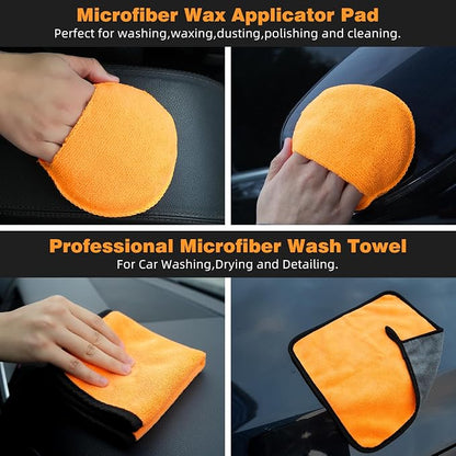 9PCS Car Detailing Brush, Horse Hair and Boar Bristle Brush Set with Elbow Adapter, Microfiber Wax Applicator Pads, Drying Towel and Cleaning Gel,Cleaning Kit for Interior Exterior