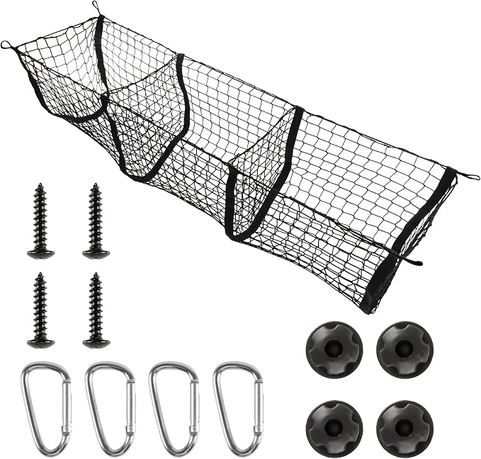 Amiss Heavy Duty Mesh Cargo Net, 3 Pocket Trunk Bed Storage Organizer Compatible for SUV, Car, Pickup Truck Bed, Etc.with 4 Metal Hooks (11.8×11.8×47.3 Inch), Black