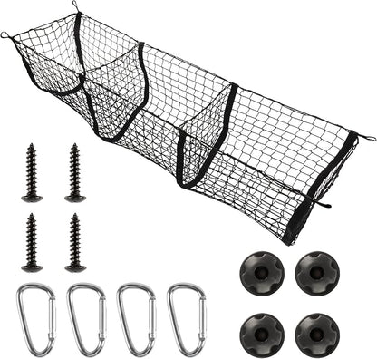 Amiss Heavy Duty Mesh Cargo Net, 3 Pocket Trunk Bed Storage Organizer Compatible for SUV, Car, Pickup Truck Bed, Etc.with 4 Metal Hooks (11.8×11.8×47.3 Inch), Black