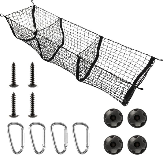 Amiss Heavy Duty Mesh Cargo Net, 3 Pocket Trunk Bed Storage Organizer Compatible for SUV, Car, Pickup Truck Bed, Etc.with 4 Metal Hooks (11.8×11.8×47.3 Inch), Black