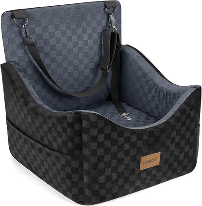 JOEJOY Elevated Dog Car Seat for Small/Medium Dogs up to 35 lbs, Memory Foam Booster Seat with Detachable Washable Cover, Travel-Safe Car Bed with Safety Belts & Storage Pockets, Dark Grey