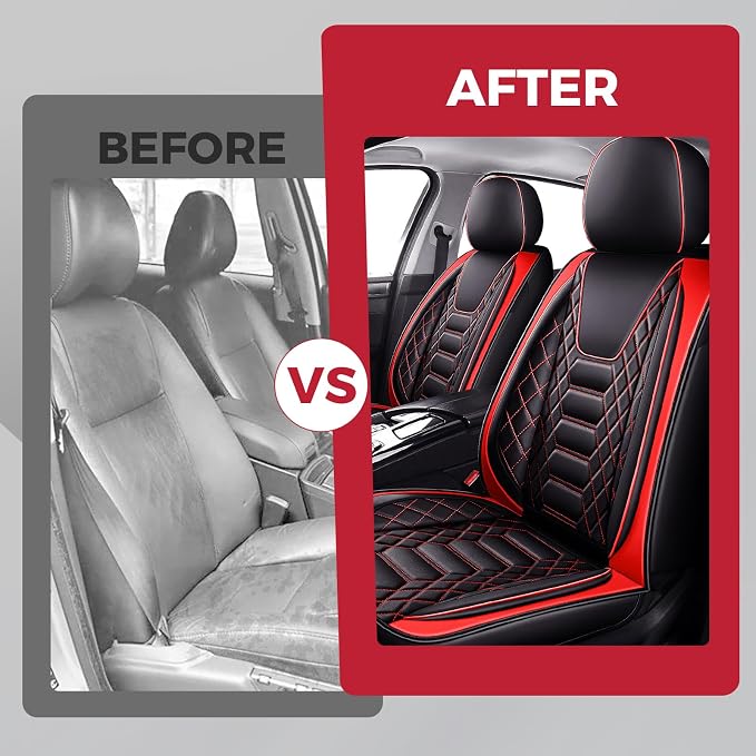 FREESOO Car Seat Covers Front Only 2pcs, Leather Driver Seat Cover Protector Airbag Compatible Universal Fit for Sedan SUV Pick-up Truck Van (Black Red 8-2PCS)