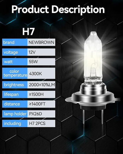 NEWBROWN H7 Headlight Bulb 200% brightness 4300K White 12V/55W H7 Bulb Halogen Long Life Replacement PX26D (H7, 2 Pack)