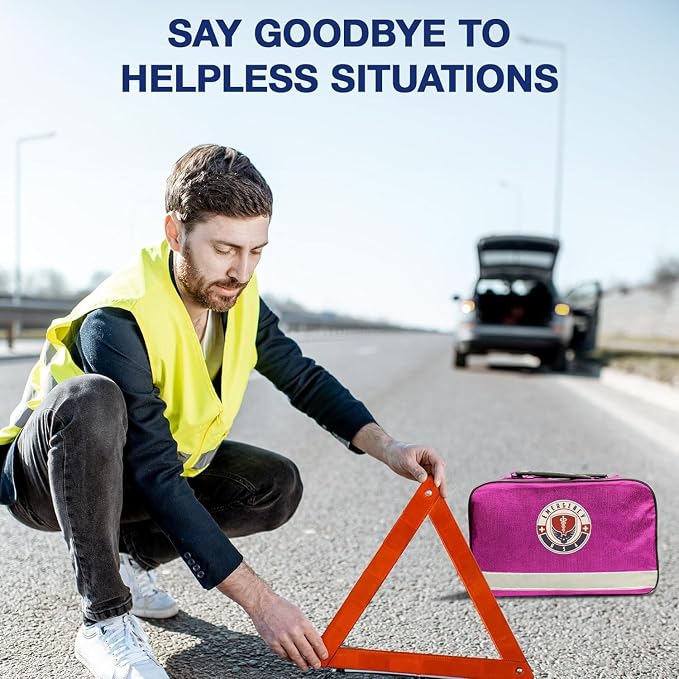 Roadside Assistance Emergency Car Kit - First Aid Kit, Jumper Cables, Tow Strap, led Flash Light, Rain Coat, Tire Pressure Gauge, Safety Vest and More Ideal Winter Accessory for Your Car (Pink)