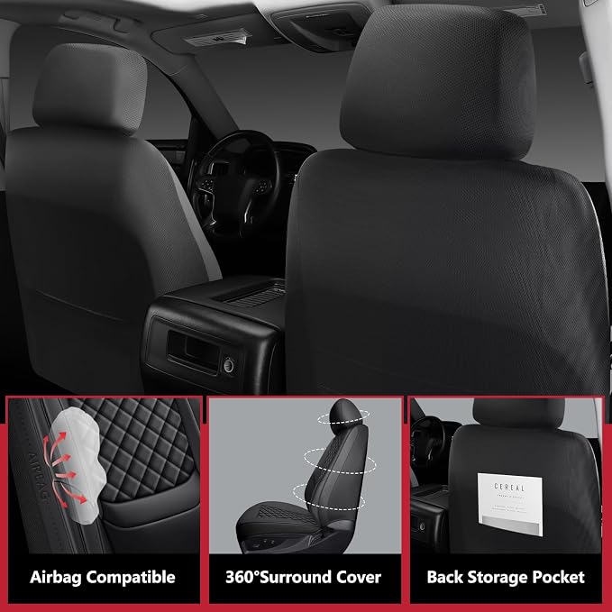 Ram 1500 Seat Covers 2019-2026 Full Set, Truck Interior Sets with Lumbar Support Custom Fit for Dodge Ram 1500/2500/3500 Crew/Mega Cab with Rear Flat Bench, Black