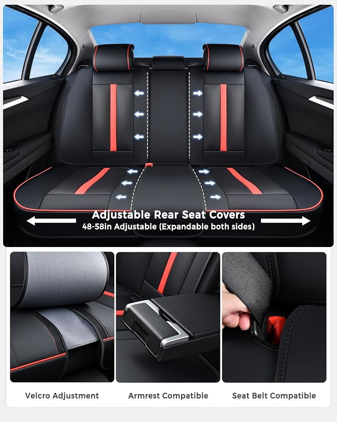 Huidasource Seat Covers Luxury Nappa Leather, Car Seat Cover with Velcro Adjustable, Airbag, Lumbar Support, Cooling and Heating, Seat Covers Full Set Universal Fit for Most Cars SUV Trucks, Black&Red