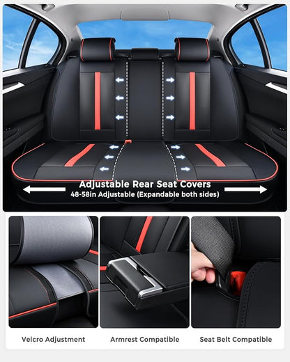 Huidasource Seat Covers Luxury Nappa Leather, Car Seat Cover with Velcro Adjustable, Airbag, Lumbar Support, Cooling and Heating, Seat Covers Full Set Universal Fit for Most Cars SUV Trucks, Black&Red