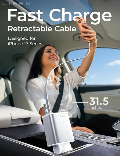 LISEN Retractable Car Charger for iPhone, for iPhone 17 Pro Max 16 15 14 13 12 Plus Mini, Cute 4 in 1 Retractable USB C Car Charger Fast Chareg for Women Men, 84W Fast Charging Car Accessorie | Multiple Ports Car Charger, Retractable Car Charger Fast C...