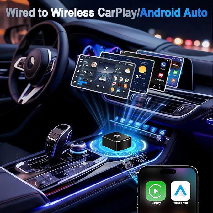 Wireless CarPlay Adapter for iPhone ＆ Android, Convert 2-in-1 Wired to Wireless Adapter for CarPlay & Android Auto, Plug and Play, Fast Stable Connection & No Delay, Universal Smart Screen Converter