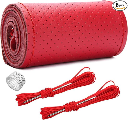 Ziciner Genuine Leather Steering Wheel Cover, Stitch on Wrap, Breathable Anti-Slip Car Steering Wheel Protector for Max Diameter 15 Inch, DIY Sewing with Needles Thread (Red, Hole)