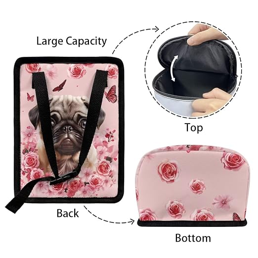Talayituse Pug Dog Flower Print Car Trash Can, Portable Auto Garbage Bin Multifunctional Vehicle Interior Accessories with Adjustable Straps Universal Fit Truck SUV Sedan