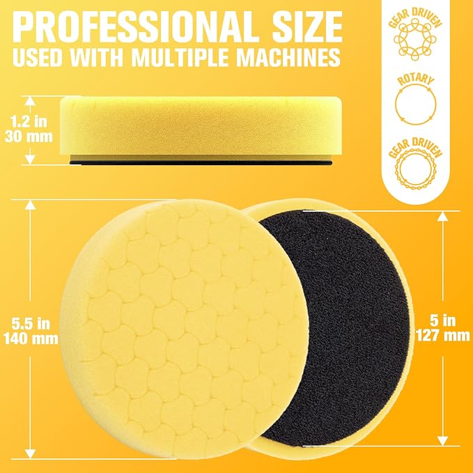Yellow Polish Pad, 3Pcs 5.5 Inch Face for 5 Inch Buffing Polishing Pads and Woolen Pads 125mm Backing Plate Compound Buffing Sponge for Car Buffer Polisher Compounding, Polishing and Waxing