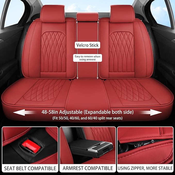 WELLDO Nappa Faux Leather Car Seat Covers Full Set, Burgundy | Waterproof, Non-Slip Seat Protector, 0.28in Thickened Cushion, Airbag Compatible, Universal for Cars SUV Truck Pickup