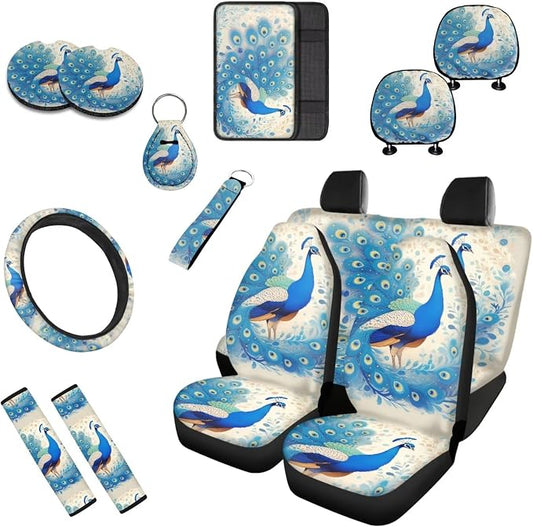 13 Set Blue Peacock Car Seat Cover, Watercolor Peacock Feathers Universal Seat Belt Pads Cup Holder Coasters, Chinoiserie Aesthetics Steering Wheel Cover Armrest Pad